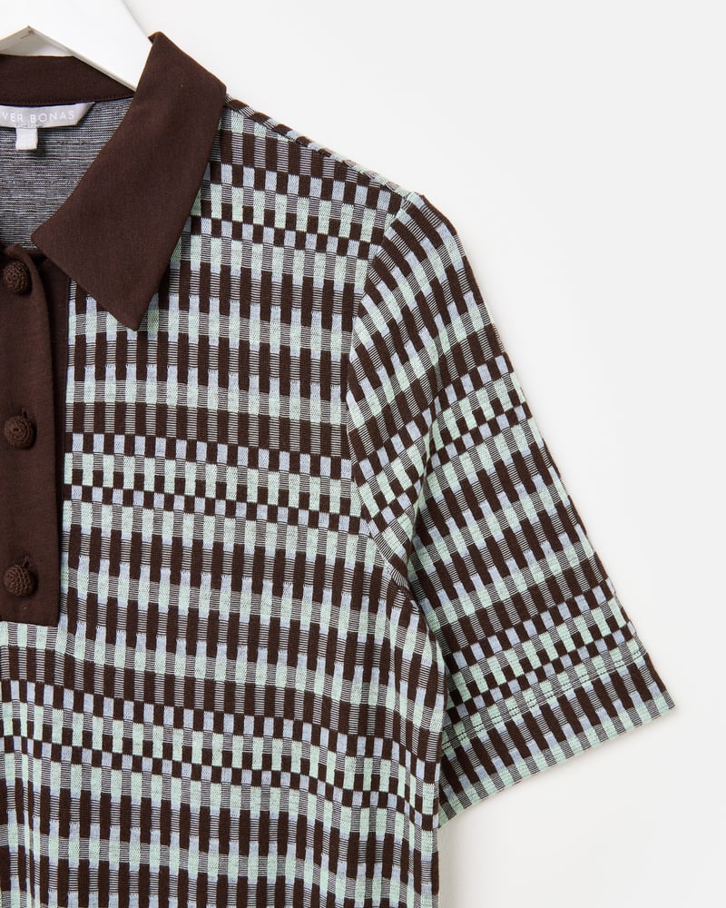 Chocolate Brown Checked Jacquard Polo Midi Dress