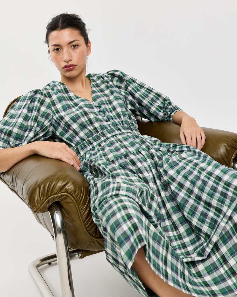 Green Checked V-Neck Puff Sleeve Midi Dress