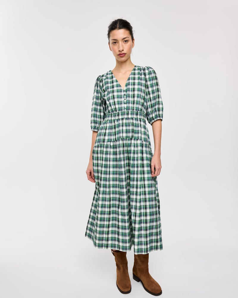 Green Checked V-Neck Puff Sleeve Midi Dress