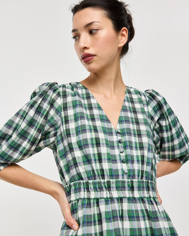 Green Checked V-Neck Puff Sleeve Midi Dress