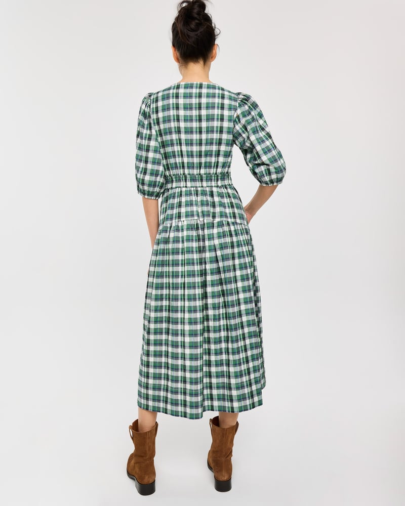 Green Checked V-Neck Puff Sleeve Midi Dress