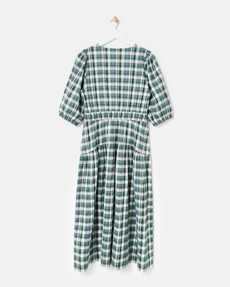 Green Checked V-Neck Puff Sleeve Midi Dress