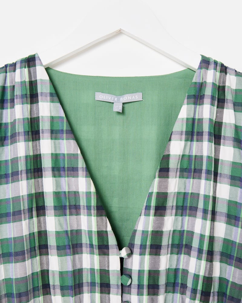 Green Checked V-Neck Puff Sleeve Midi Dress
