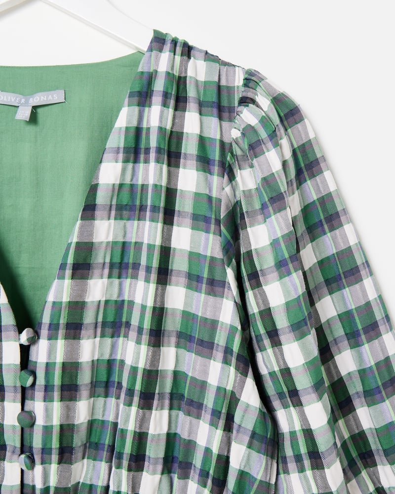 Green Checked V-Neck Puff Sleeve Midi Dress