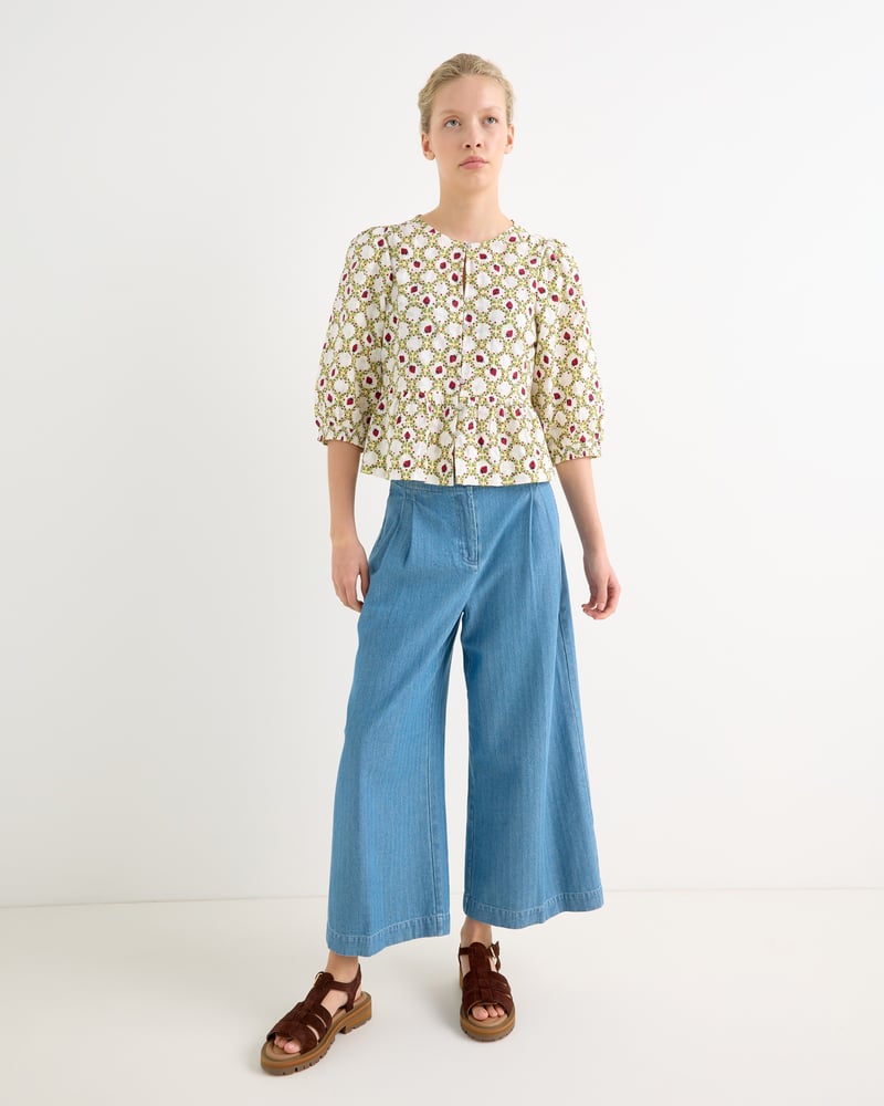 Blue Denim Pleat Waist Cropped Wide Leg Jeans