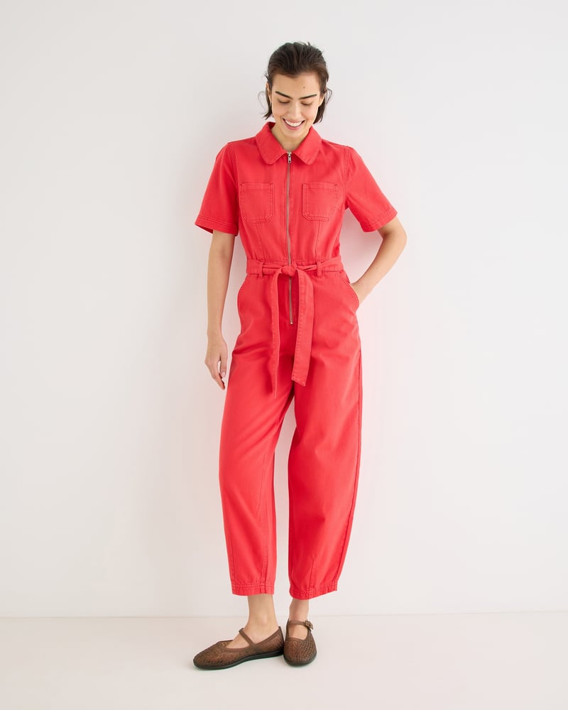 Red Denim Collared Short Sleeve Jumpsuit