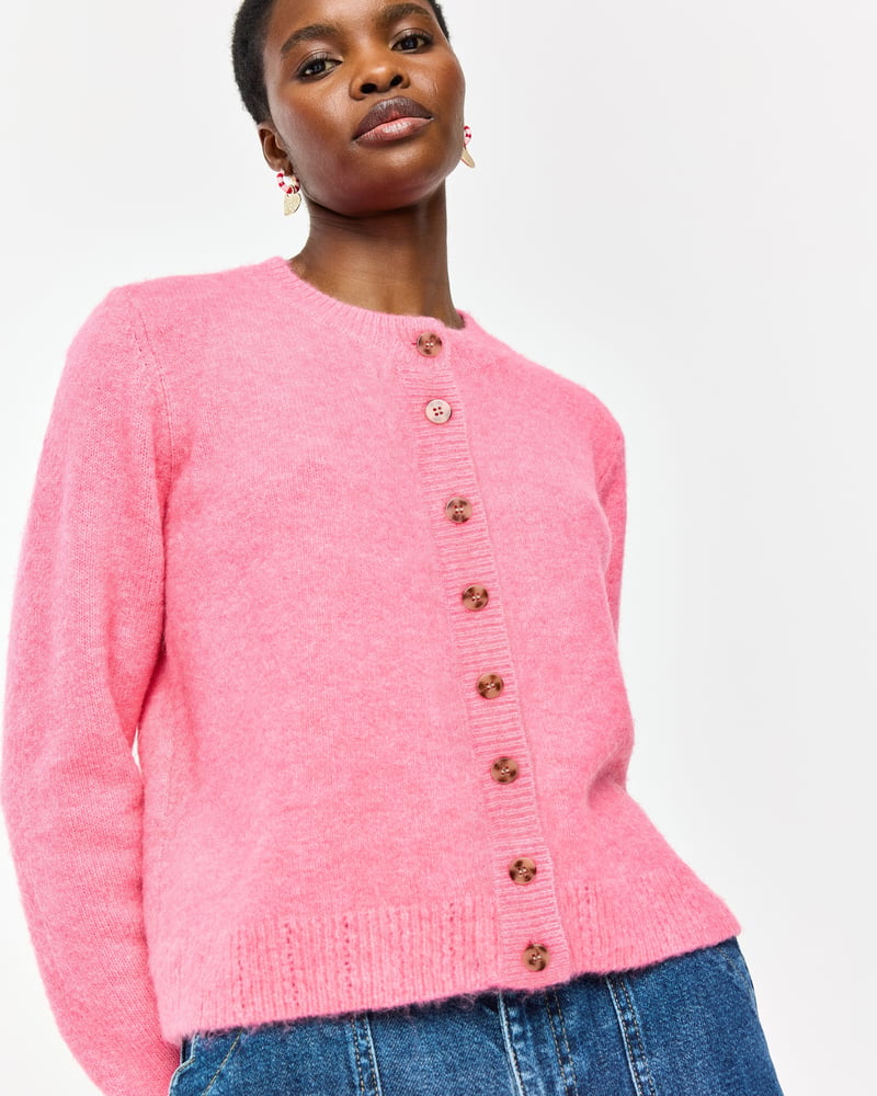 Pink Crew Neck Knitted Cardigan