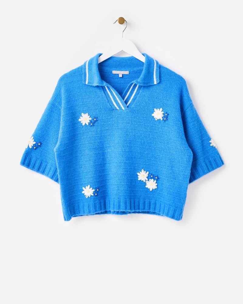 Blue Floral Embroidered Collared Knitted T-Shirt