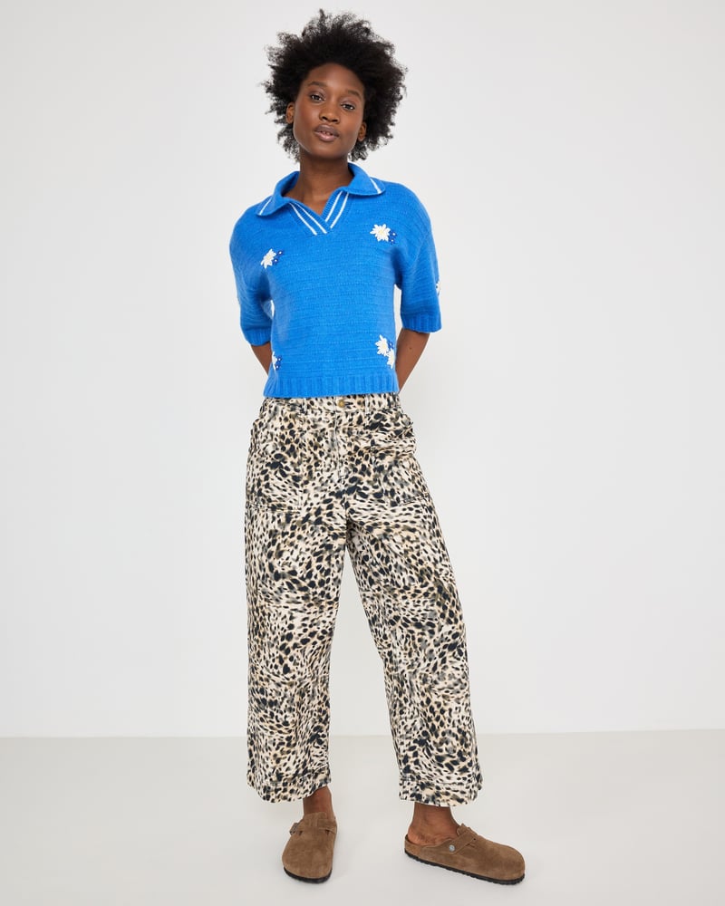 Blue Floral Embroidered Collared Knitted T-Shirt