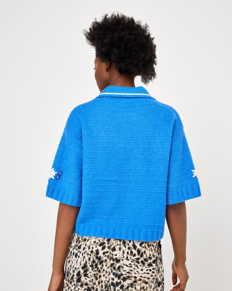 Blue Floral Embroidered Collared Knitted T-Shirt