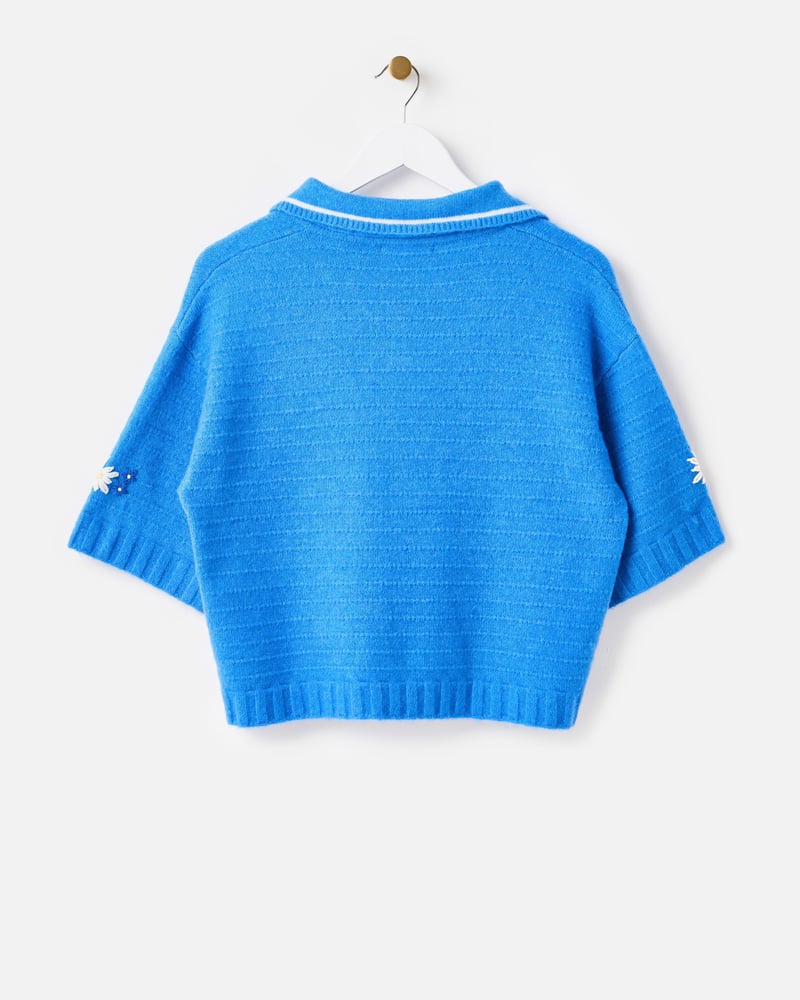 Blue Floral Embroidered Collared Knitted T-Shirt