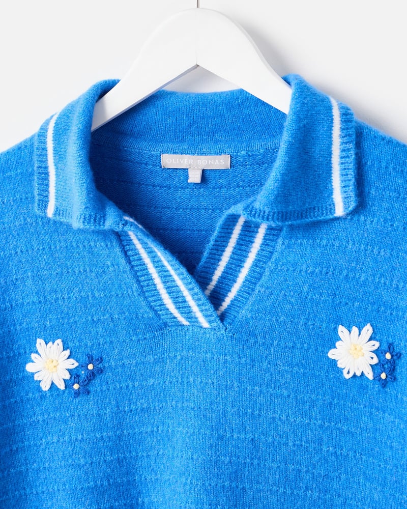 Blue Floral Embroidered Collared Knitted T-Shirt