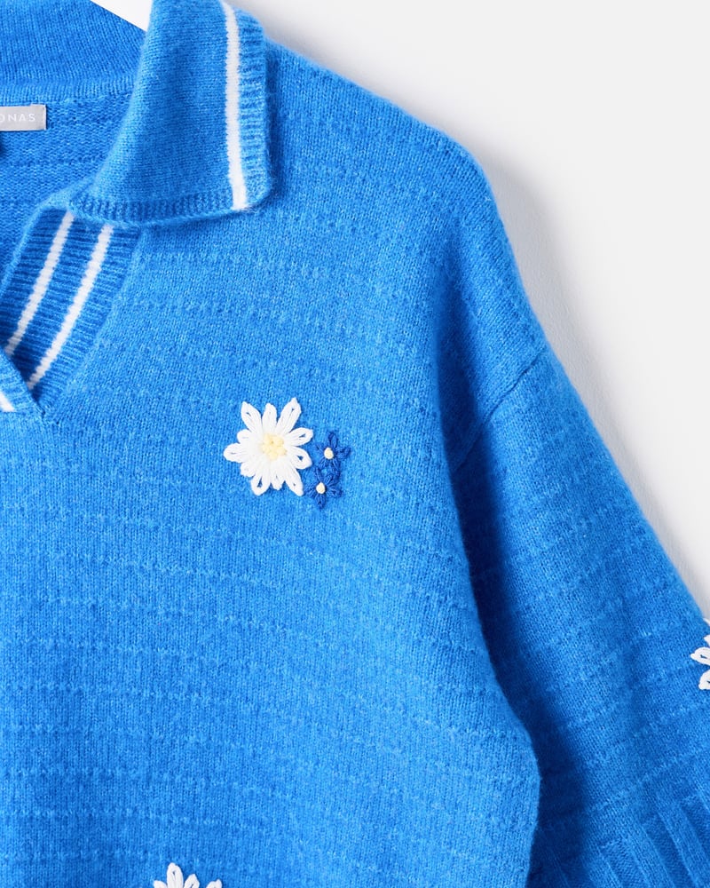 Blue Floral Embroidered Collared Knitted T-Shirt