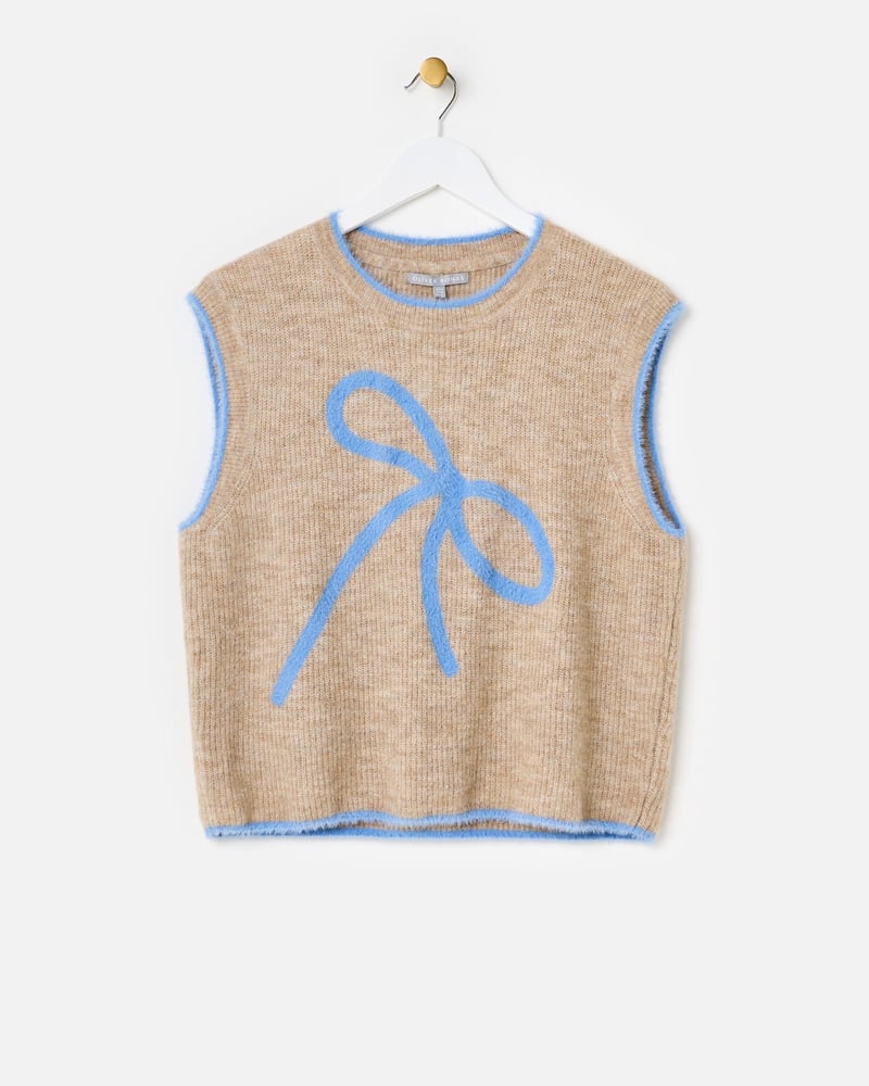 Camel Brown & Blue Bow Knitted Tank Top
