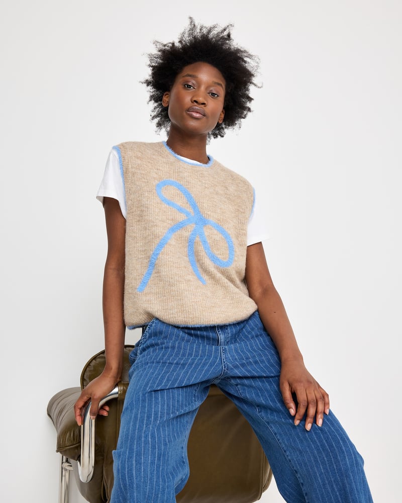 Camel Brown & Blue Bow Knitted Tank Top