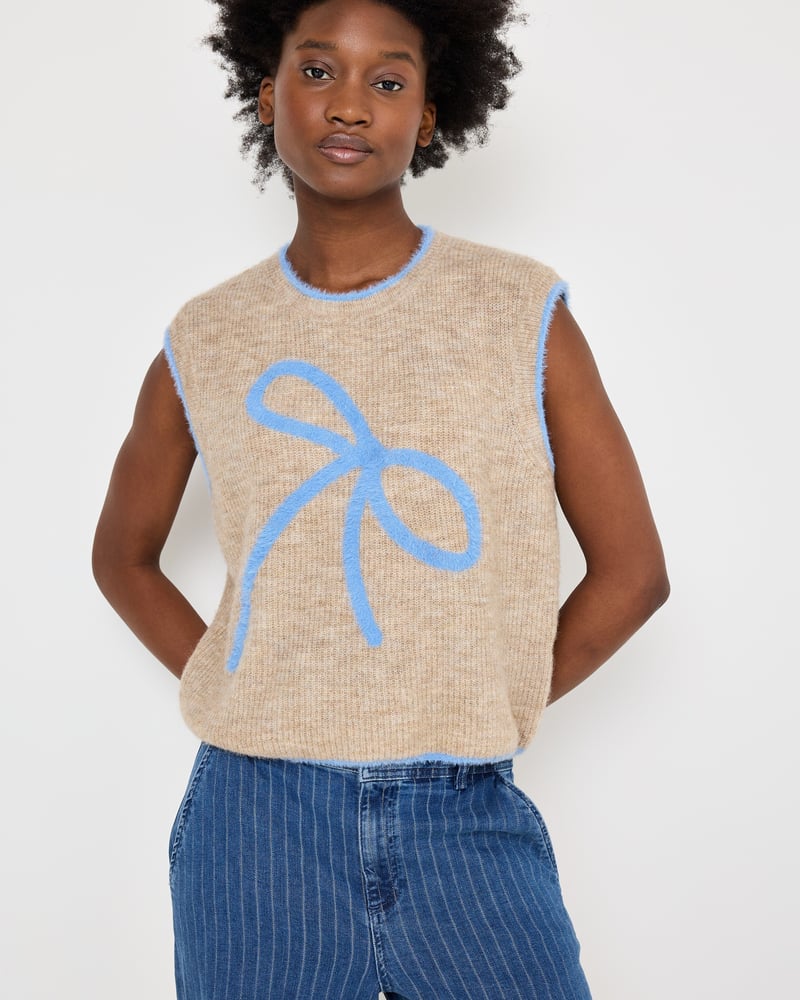 Camel Brown & Blue Bow Knitted Tank Top