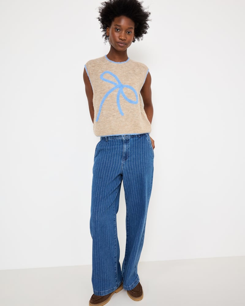 Camel Brown & Blue Bow Knitted Tank Top