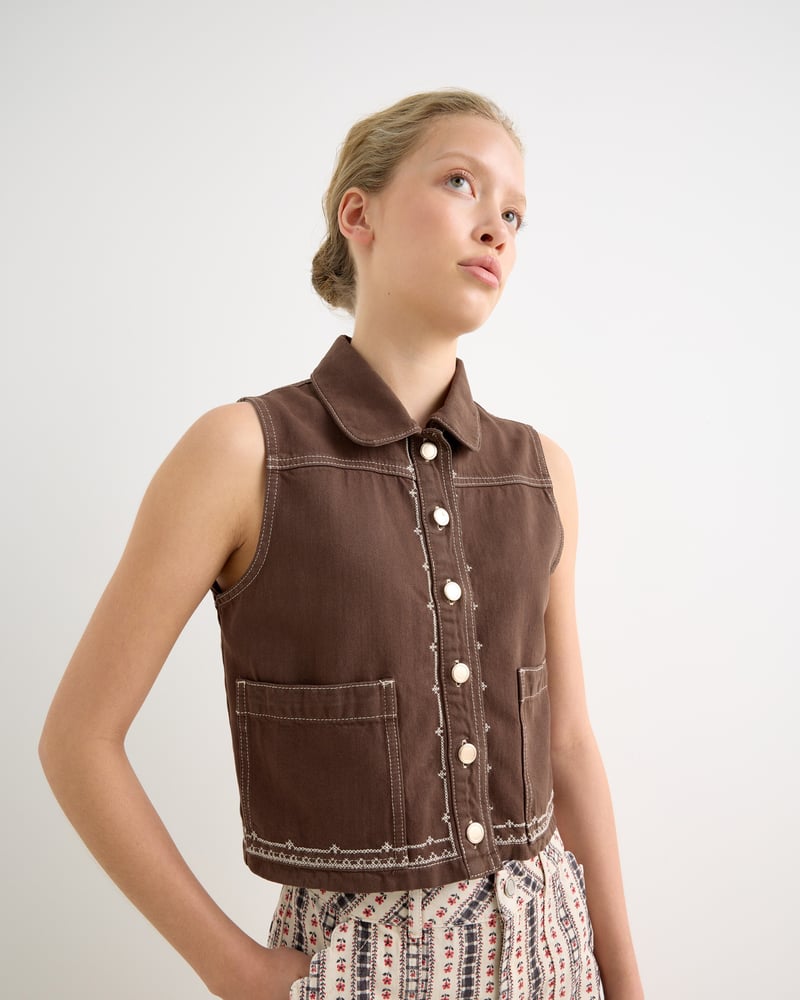 Chocolate Brown Cross Stitch Collared Denim Waistcoat