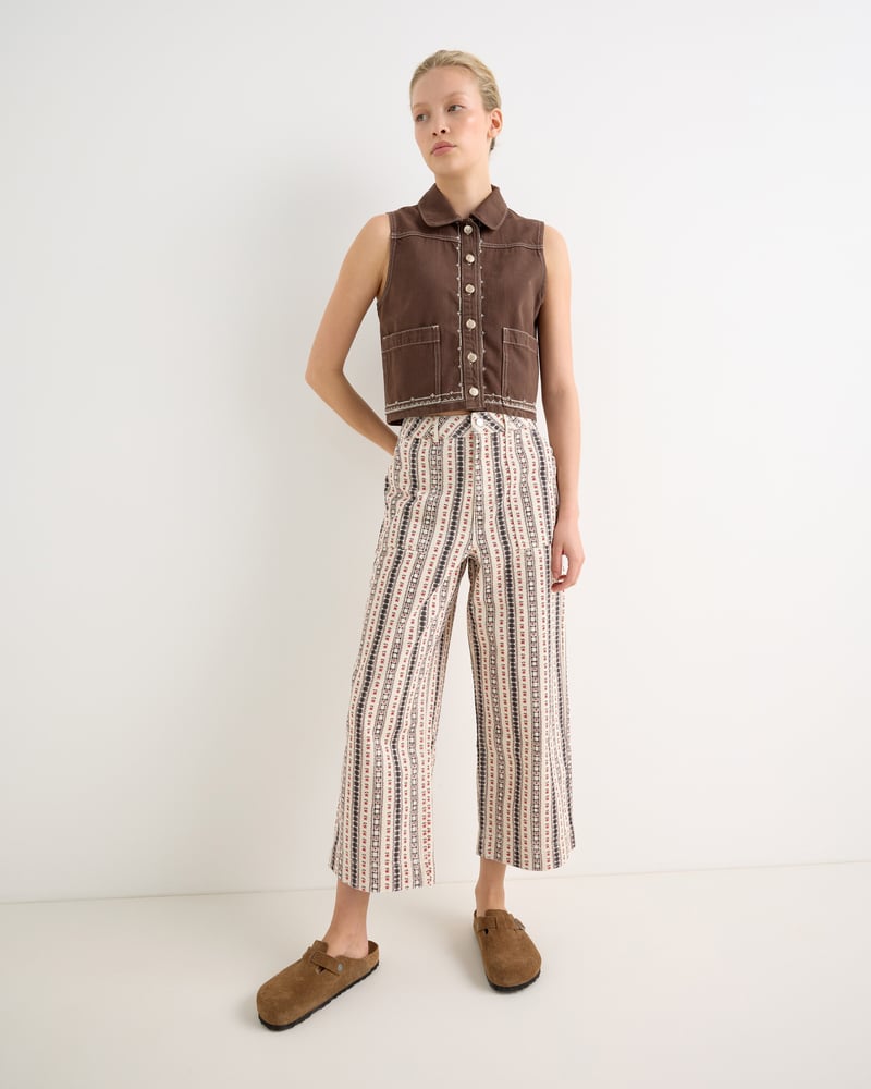 Chocolate Brown Cross Stitch Collared Denim Waistcoat