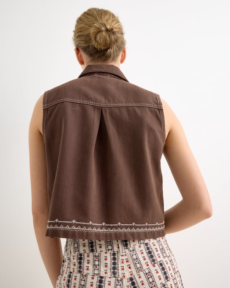 Chocolate Brown Cross Stitch Collared Denim Waistcoat