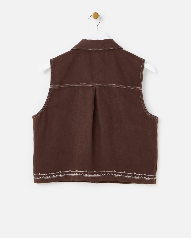 Chocolate Brown Cross Stitch Collared Denim Waistcoat