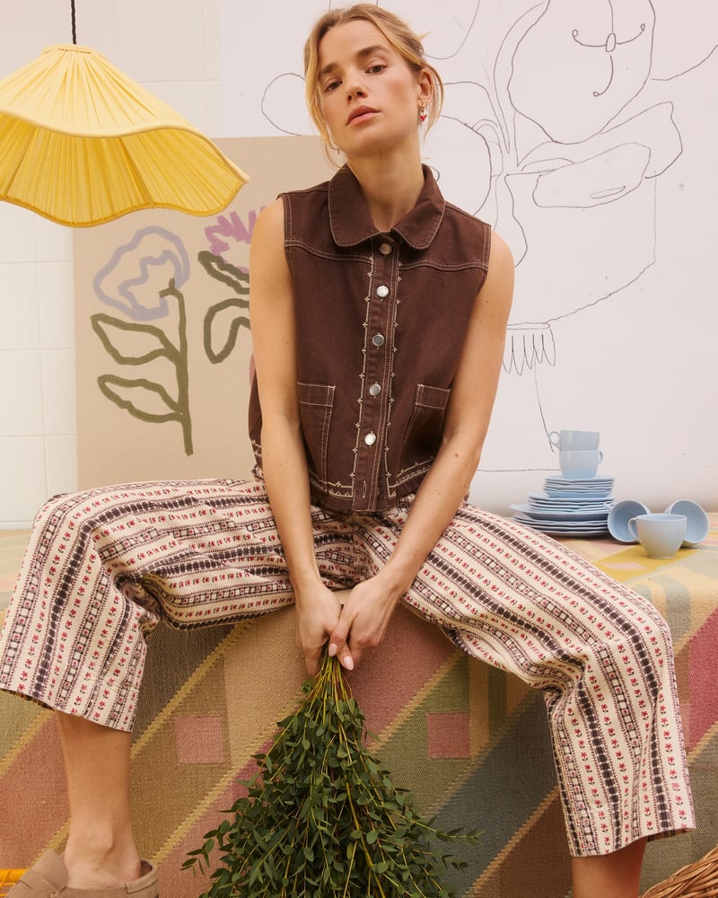 Chocolate Brown Cross Stitch Collared Denim Waistcoat