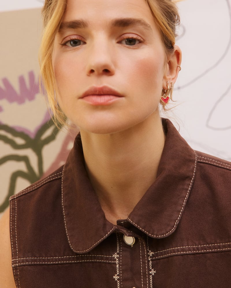 Chocolate Brown Cross Stitch Collared Denim Waistcoat