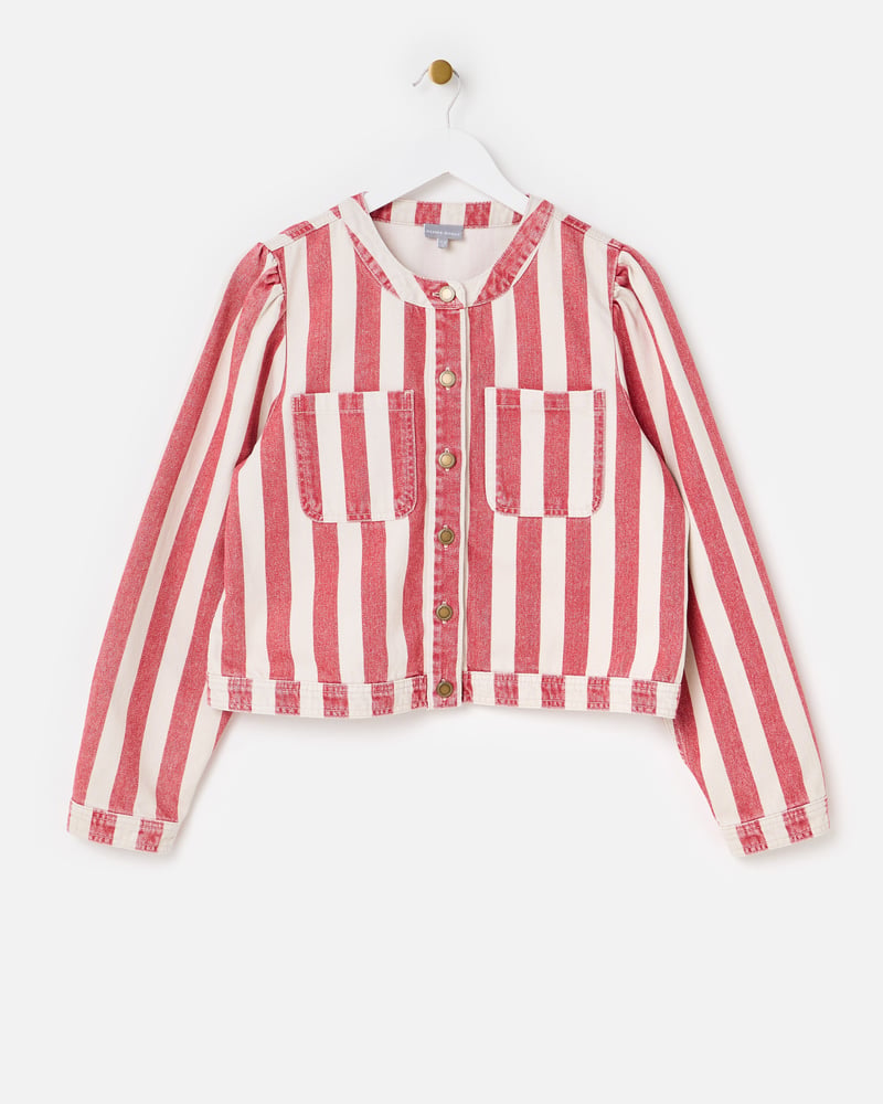 Red & Ecru Striped Cropped Denim Jacket