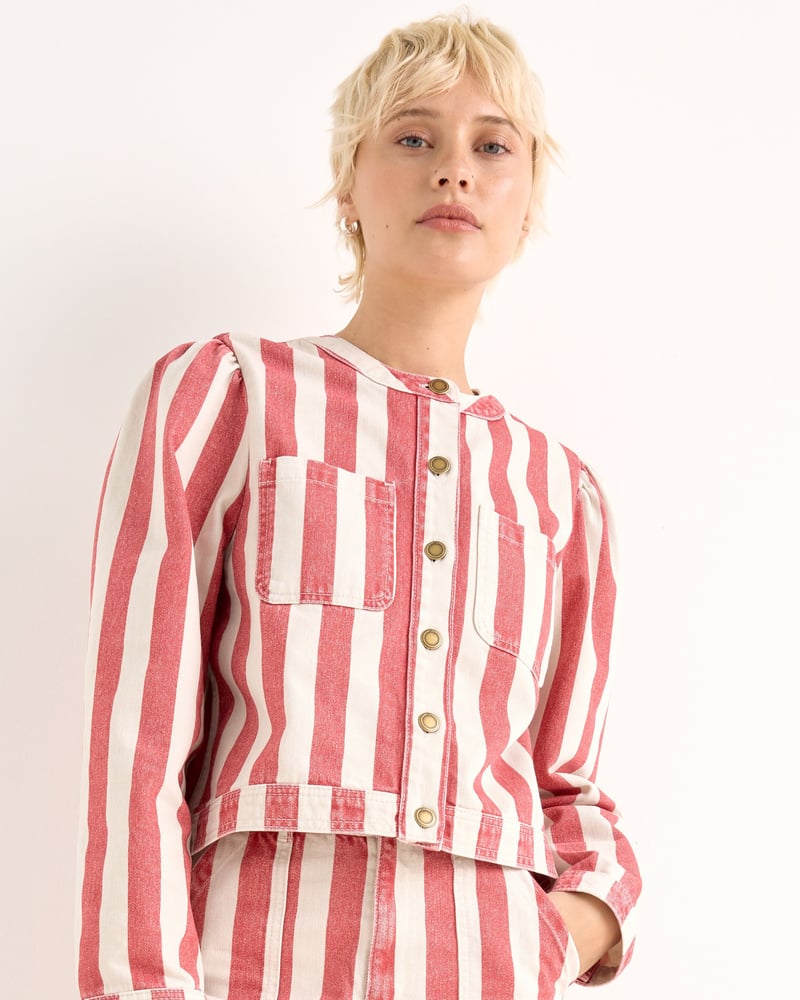 Red & Ecru Striped Cropped Denim Jacket