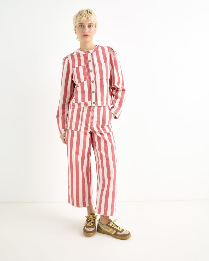Red & Ecru Striped Cropped Denim Jacket
