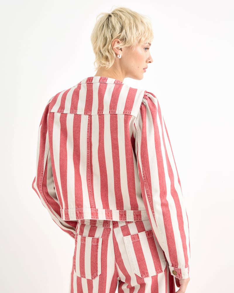 Red & Ecru Striped Cropped Denim Jacket