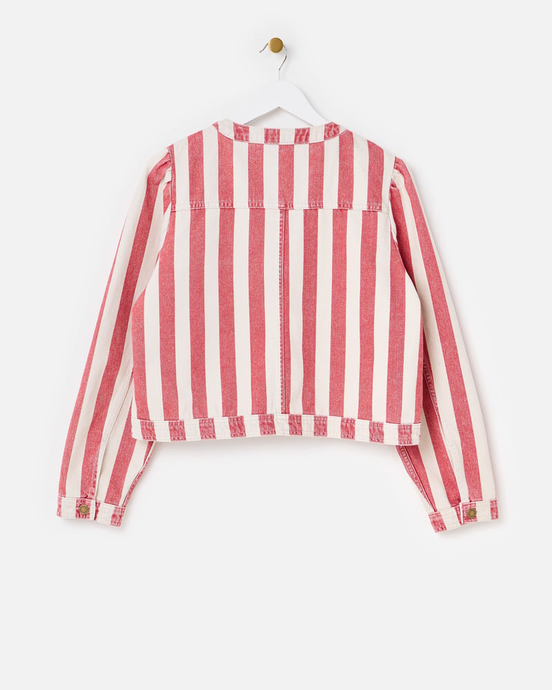 Red & Ecru Striped Cropped Denim Jacket