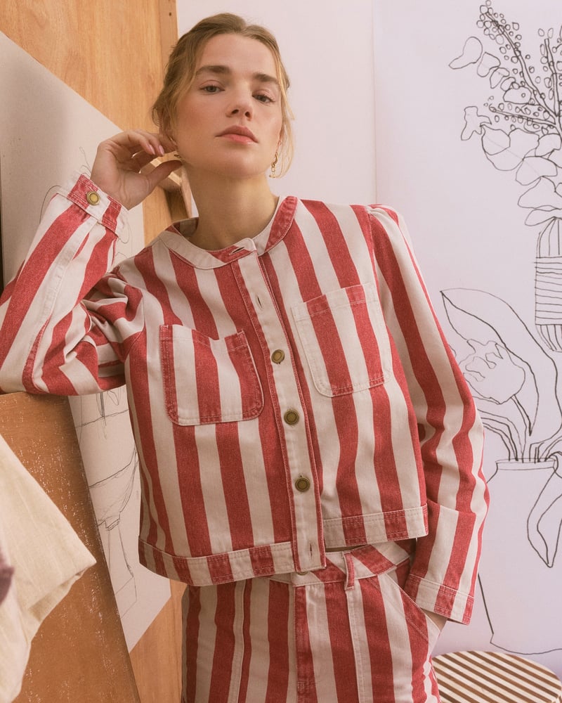 Red & Ecru Striped Cropped Denim Jacket