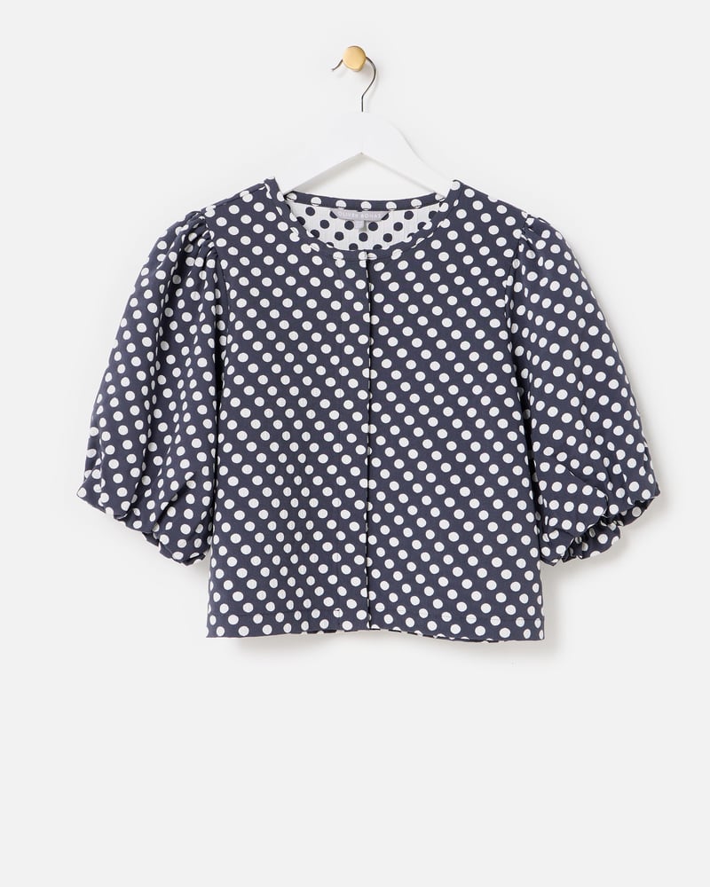 Monochrome Polka Dot Jacquard Puff Sleeve Top