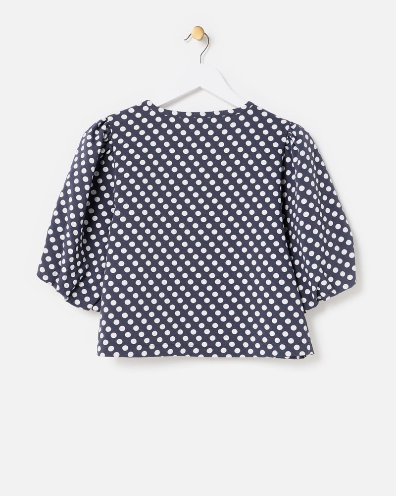 Monochrome Polka Dot Jacquard Puff Sleeve Top