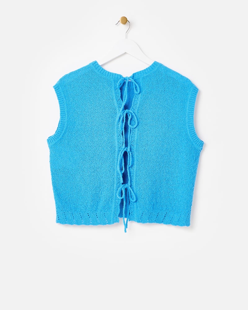 Blue Open Back Tie Detail Knitted Vest