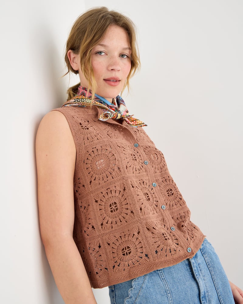 Brown Button Up Crochet Waistcoat