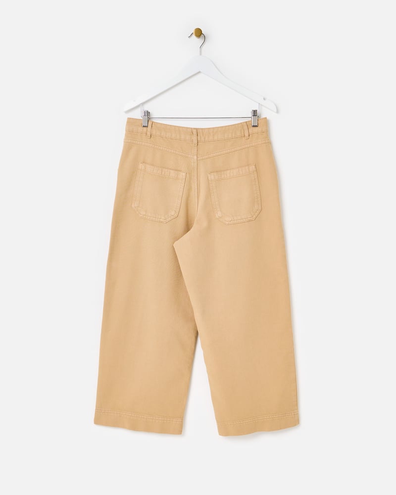 Sand Scalloped Pocket Cropped Wide Leg Jeans