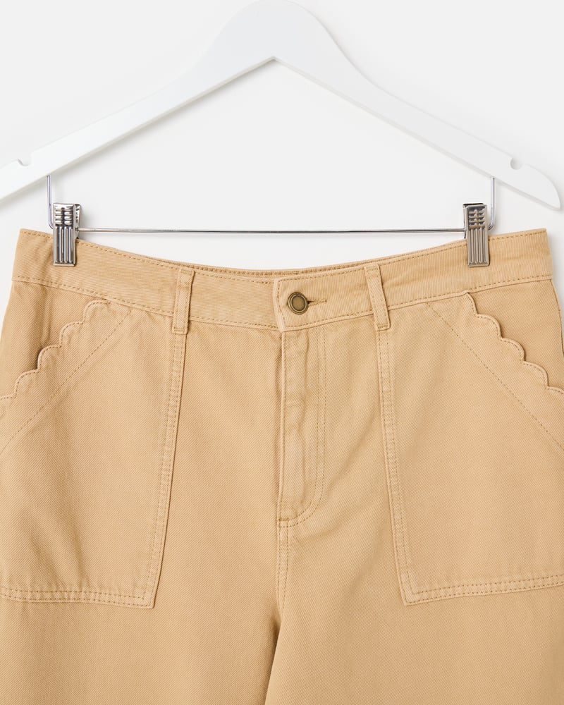 Sand Scalloped Pocket Cropped Wide Leg Jeans