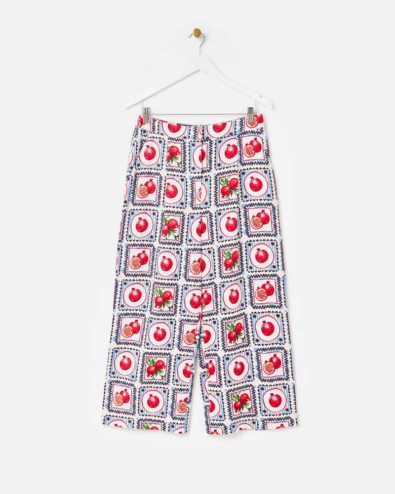 Blue Pomegranate Print Cropped Wide Leg Trousers