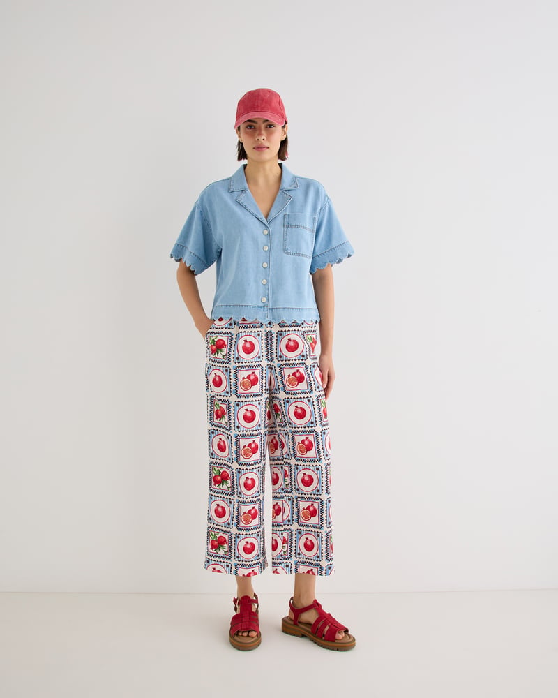 Blue Pomegranate Print Cropped Wide Leg Trousers