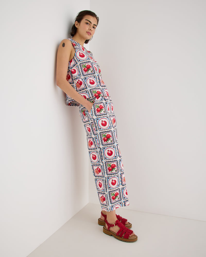 Blue Pomegranate Print Cropped Wide Leg Trousers