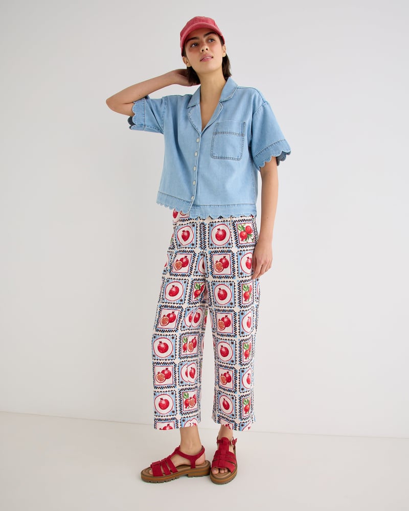 Blue Pomegranate Print Cropped Wide Leg Trousers