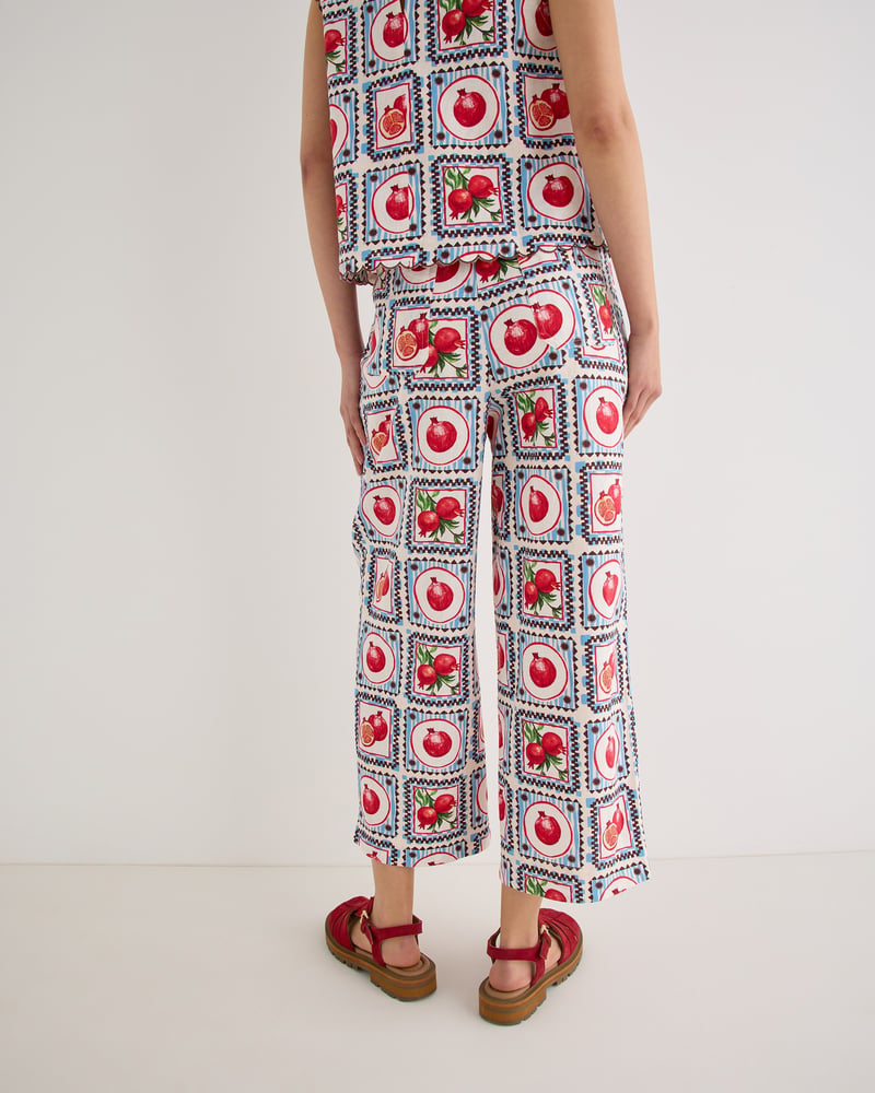 Blue Pomegranate Print Cropped Wide Leg Trousers