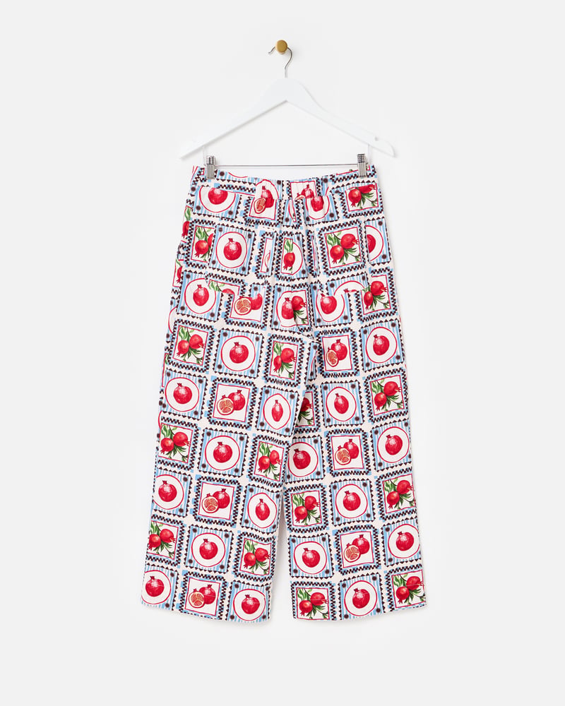 Blue Pomegranate Print Cropped Wide Leg Trousers