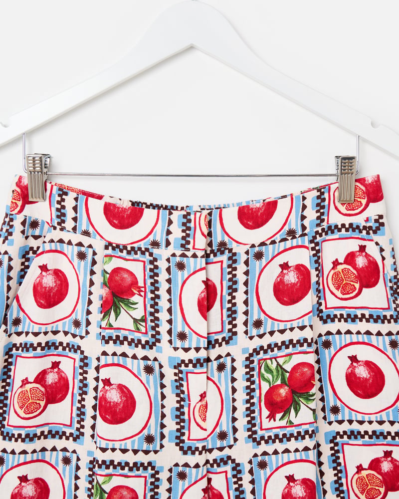 Blue Pomegranate Print Cropped Wide Leg Trousers