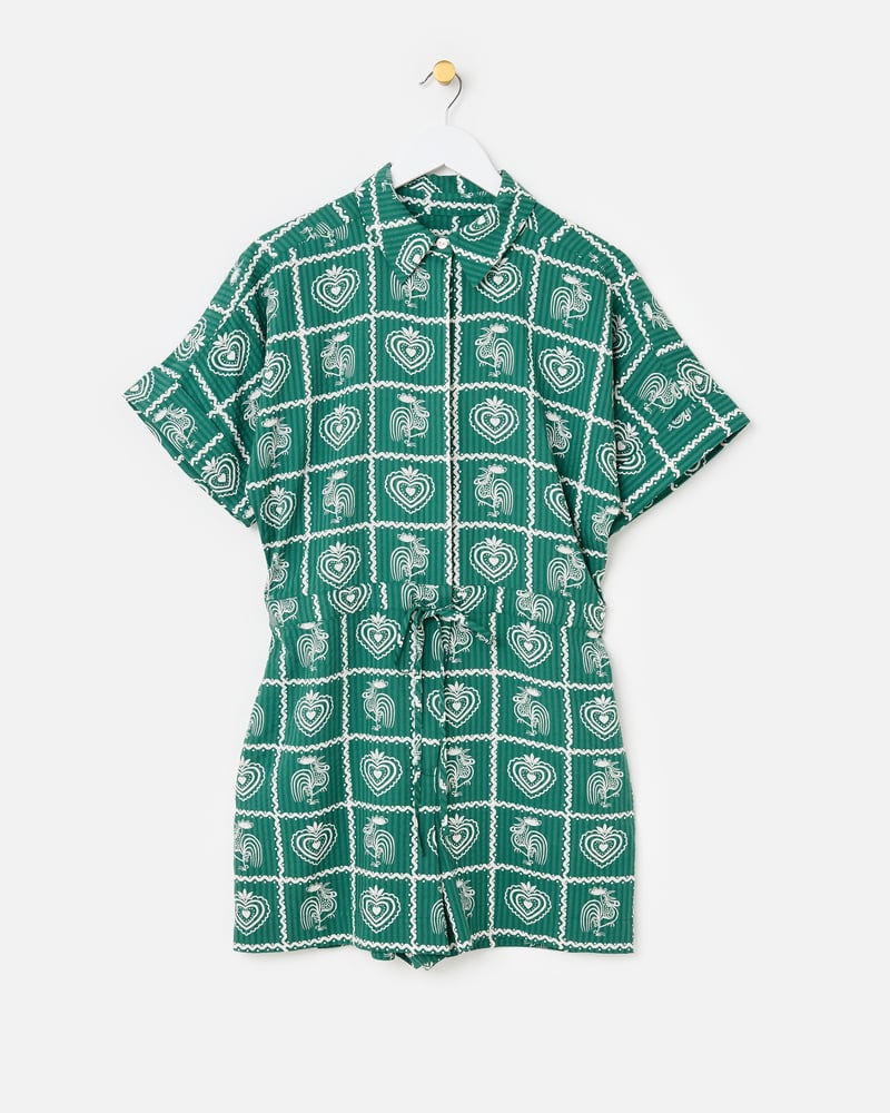 Green Tile Print Short Sleeve Playsuit
