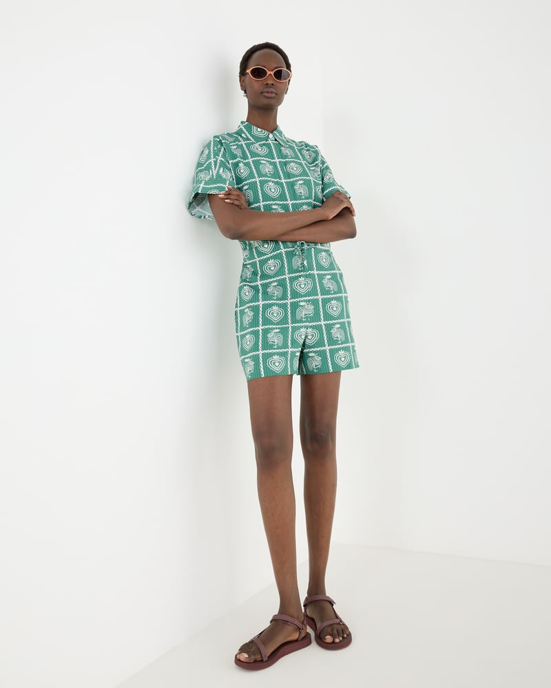 Green Tile Print Short Sleeve Playsuit