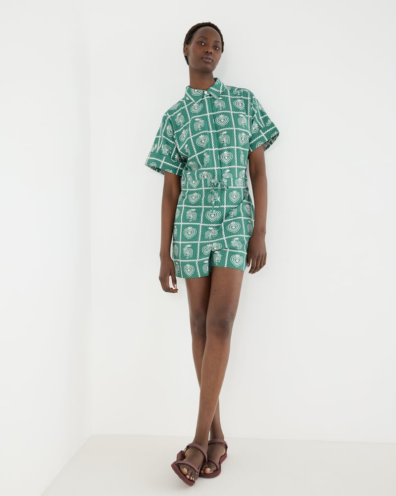 Green Tile Print Short Sleeve Playsuit