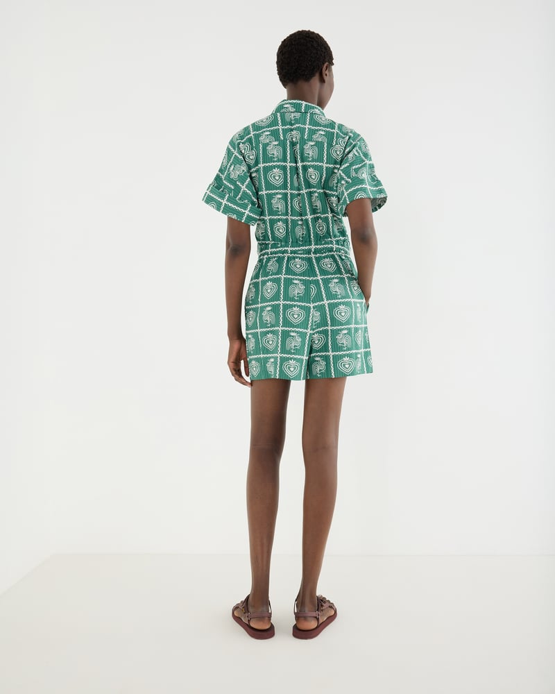 Green Tile Print Short Sleeve Playsuit